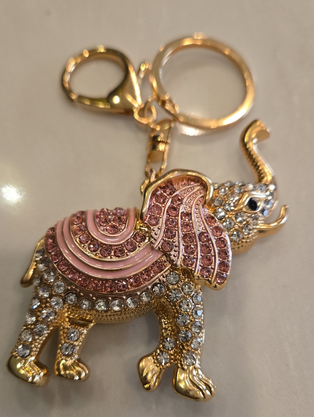 Gold/Pink 3" Elephant Rhinestone Keychain Purse Charm Loaded W/ Crystal Accents